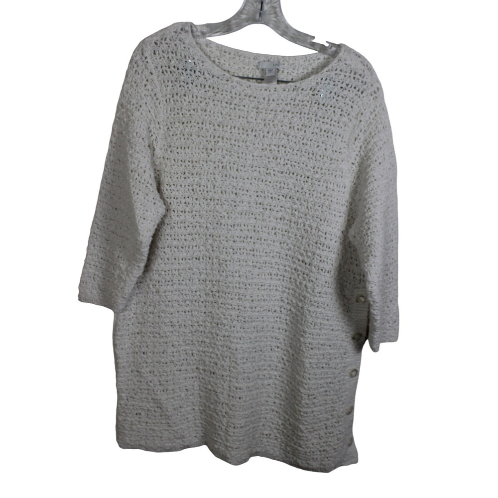 J. Jill White Cotton Crochet Knit Boat Neck Sweater Side Button Accents Large